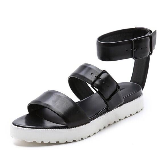 Alexander Wang Womens Kira Strappy Sandals 39/8 Black Leather Ankle Strap Chunky - Picture 1 of 14